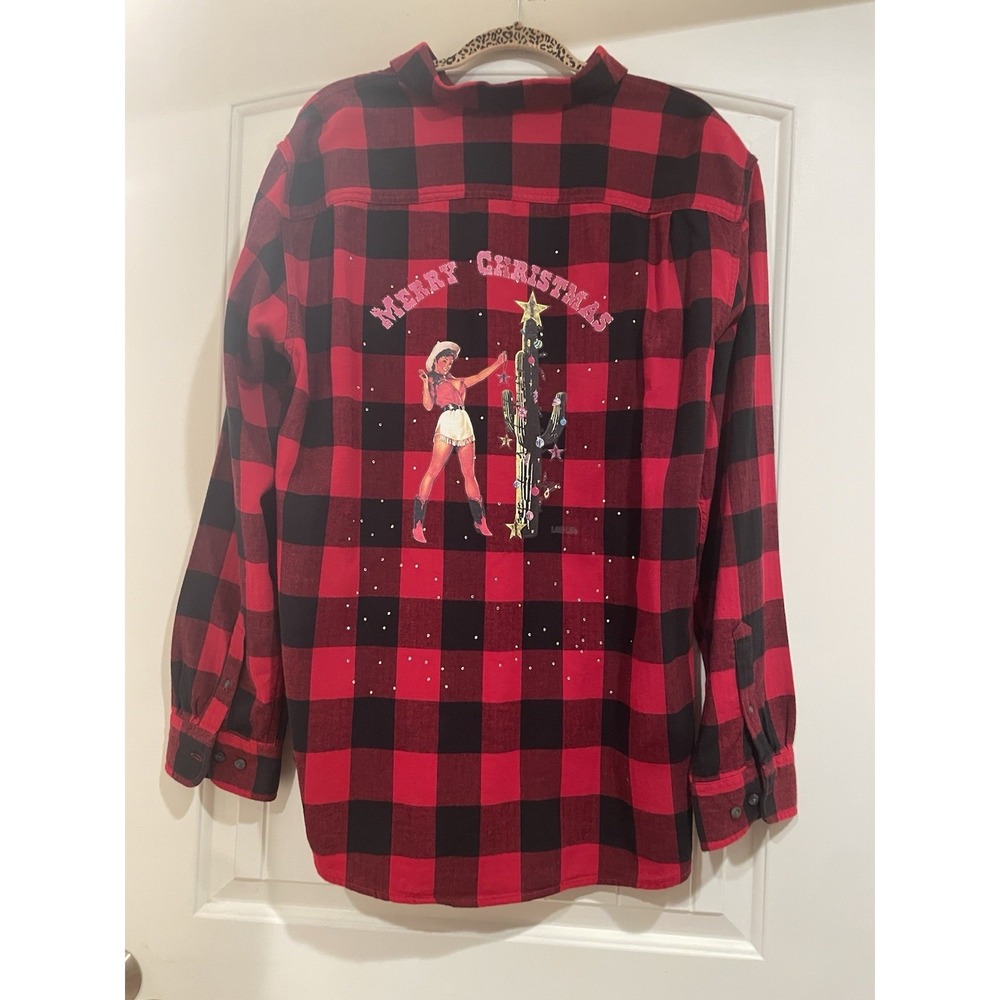Merry Christmas Flannel Button Up Shirt Womens‎ Size Large Western Red Plaid